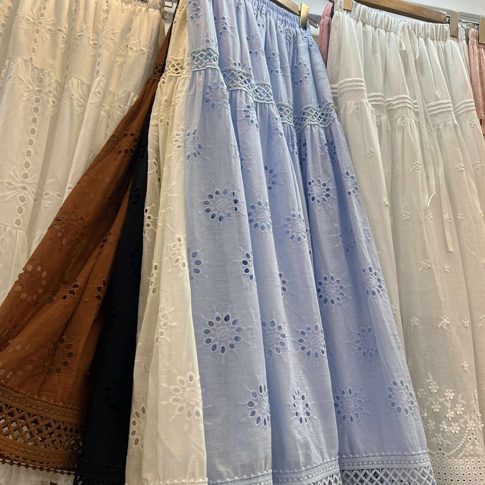 Blue Midi A-Line Skirt with Pleated Smocked Design